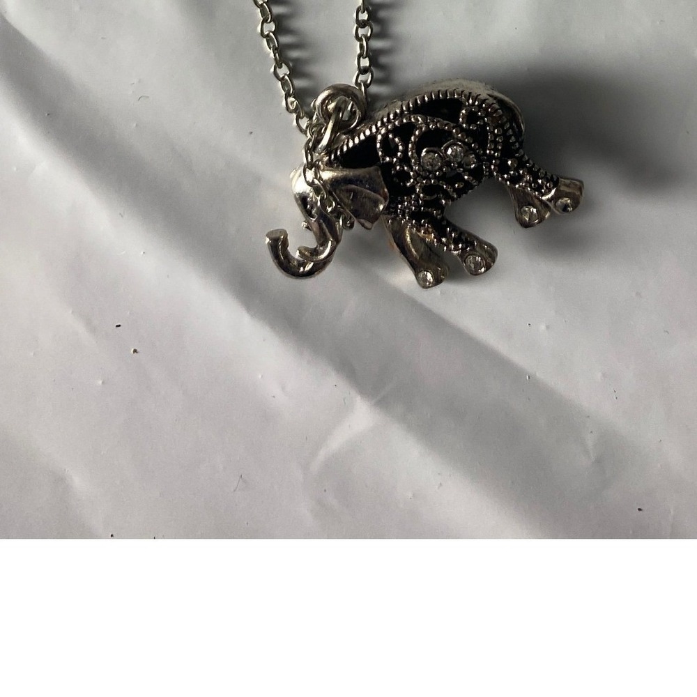 Silver Tone Marcasite Elephant Pendant Necklace Boho Animal Jewelry